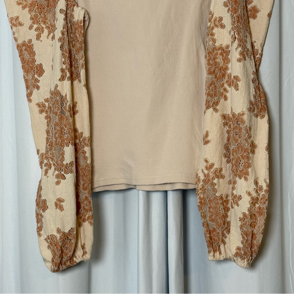 Dolan Left Coast Lace Puff Sleeve Ribbed Knit Top Women’s Small Cream Tan - Picture 10 of 12